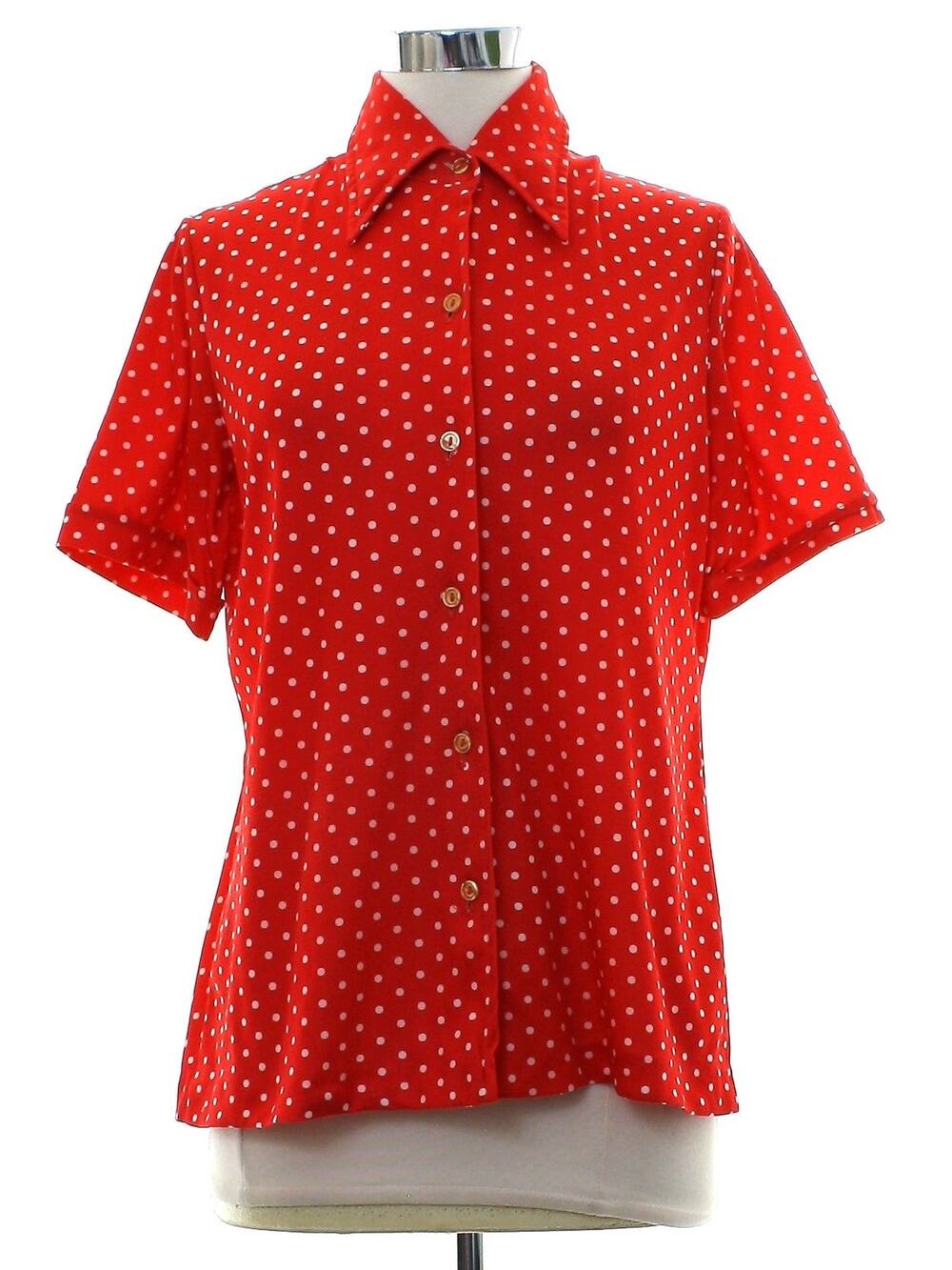 Vintage 70s Red White Polka Dot Knit Blouse Short Sleeve Button Front